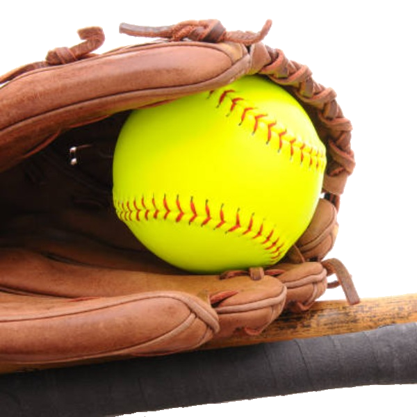 Brown baseball glove holding a standard green softball. Both items laying on top of baseball bats.